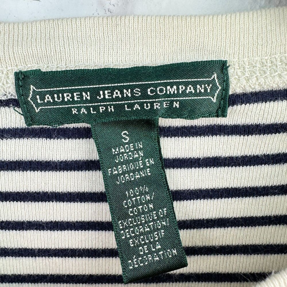 Vintage Lauren Jeans Co Top S Cream Blue Striped Elbow Patch 90s Ralph Lauren - Picture 5 of 7